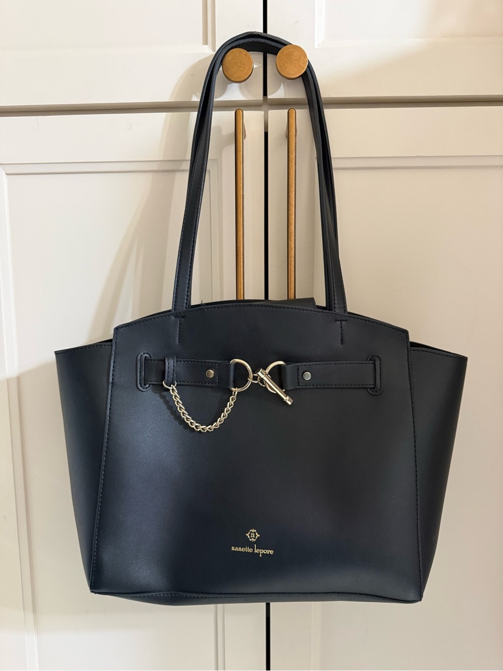 Nanette Lepore Black Vegan Leather Tote Shoulder Bag with Gold Chain Detail